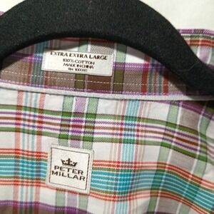 Peter Millar Short Sleeve Button Up Shirt Men 2XL XXL. Brown,Teal,Purple Plaid.